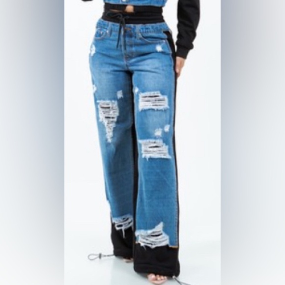 Distressed Blue Denim SweatPants L